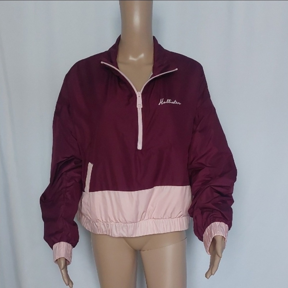 Hollister Crop Jacket Medium Burgundy Pink Fleece Lined Long Sleeve 1/4 Zip
